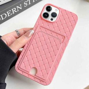 For iPhone 14 Pro Max Weave Texture Card Slot Skin Feel Phone Case with Push Card Hole(Pink)