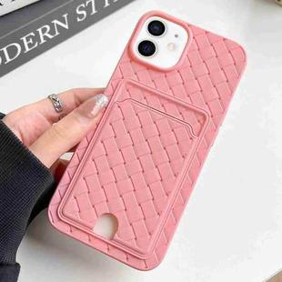 For iPhone 12 / 12 Pro Weave Texture Card Slot Skin Feel Phone Case with Push Card Hole(Pink)