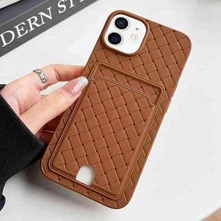 For iPhone 12 / 12 Pro Weave Texture Card Slot Skin Feel Phone Case with Push Card Hole(Brown)