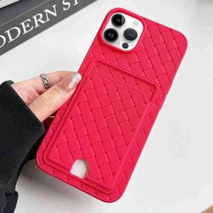 For iPhone 12 Pro Max Weave Texture Card Slot Skin Feel Phone Case with Push Card Hole(Rose Red)