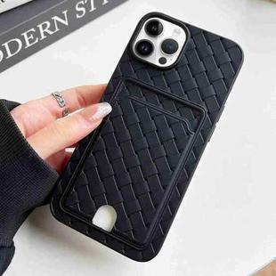 For iPhone 12 Pro Max Weave Texture Card Slot Skin Feel Phone Case with Push Card Hole(Black)