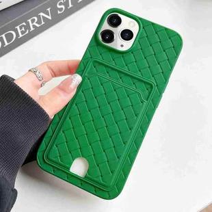 For iPhone 11 Pro Max Weave Texture Card Slot Skin Feel Phone Case with Push Card Hole(Green)