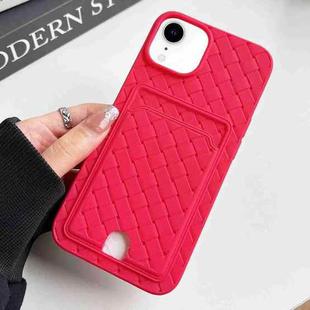For iPhone XR Weave Texture Card Slot Skin Feel Phone Case with Push Card Hole(Rose Red)