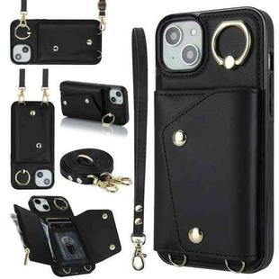 For iPhone 14 Plus Zipper Card Bag Phone Case with Dual Lanyard(Black)