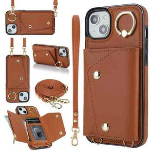 For iPhone 14 Plus Zipper Card Bag Phone Case with Dual Lanyard(Brown)