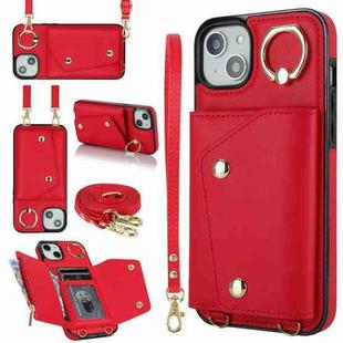 For iPhone 14 Plus Zipper Card Bag Phone Case with Dual Lanyard(Red)