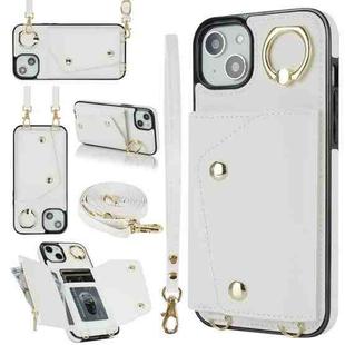 For iPhone 14 Plus Zipper Card Bag Phone Case with Dual Lanyard(White)