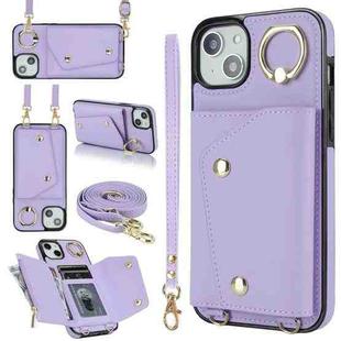 For iPhone 14 Plus Zipper Card Bag Phone Case with Dual Lanyard(Purple)
