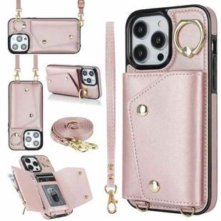 For iPhone 14 Pro Zipper Card Bag Phone Case with Dual Lanyard(Rose Gold)