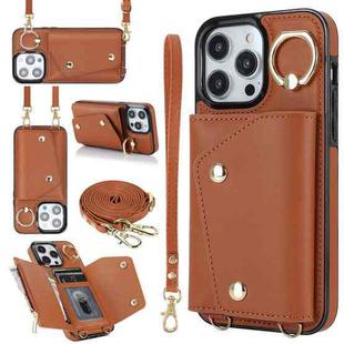 For iPhone 14 Pro Zipper Card Bag Phone Case with Dual Lanyard(Brown)