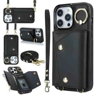 For iPhone 14 Pro Max Zipper Card Bag Phone Case with Dual Lanyard(Black)