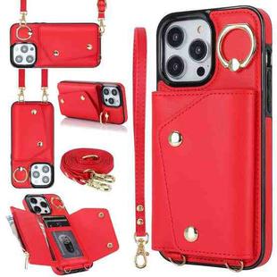 For iPhone 14 Pro Max Zipper Card Bag Phone Case with Dual Lanyard(Red)