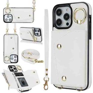 For iPhone 14 Pro Max Zipper Card Bag Phone Case with Dual Lanyard(White)