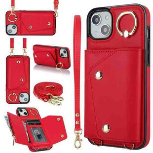 For iPhone 13 Zipper Card Bag Phone Case with Dual Lanyard(Red)