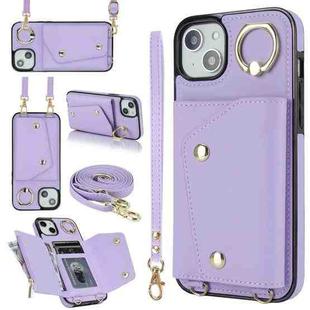 For iPhone 13 mini Zipper Card Bag Phone Case with Dual Lanyard(Purple)