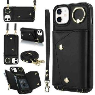 For iPhone 12 / 12 Pro Zipper Card Bag Phone Case with Dual Lanyard(Black)