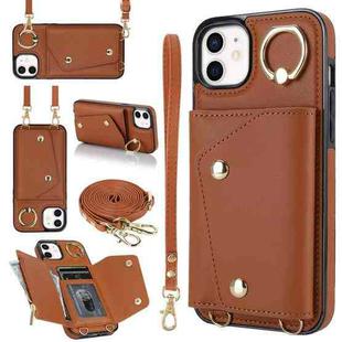 For iPhone 12 / 12 Pro Zipper Card Bag Phone Case with Dual Lanyard(Brown)