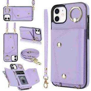 For iPhone 12 / 12 Pro Zipper Card Bag Phone Case with Dual Lanyard(Purple)