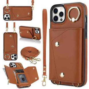 For iPhone 12 Pro Max Zipper Card Bag Phone Case with Dual Lanyard(Brown)