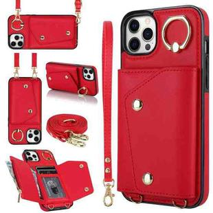 For iPhone 12 Pro Max Zipper Card Bag Phone Case with Dual Lanyard(Red)