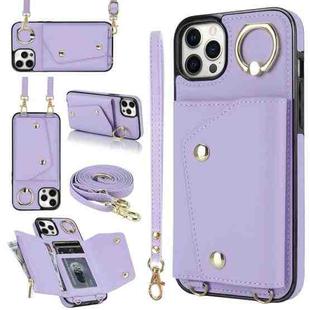 For iPhone 12 Pro Max Zipper Card Bag Phone Case with Dual Lanyard(Purple)