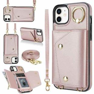 For iPhone 12 mini Zipper Card Bag Phone Case with Dual Lanyard(Rose Gold)
