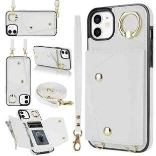 For iPhone 12 mini Zipper Card Bag Phone Case with Dual Lanyard(White)