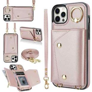 For iPhone 11 Pro Max Zipper Card Bag Phone Case with Dual Lanyard(Rose Gold)