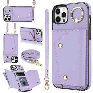 For iPhone 11 Pro Max Zipper Card Bag Phone Case with Dual Lanyard(Purple)