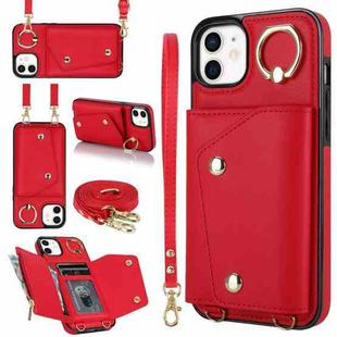 For iPhone 11 Zipper Card Bag Phone Case with Dual Lanyard(Red)