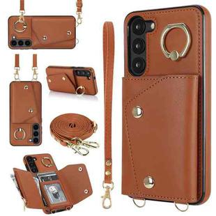 For Samsung Galaxy S23+ 5G Zipper Card Bag Phone Case with Dual Lanyard(Brown)