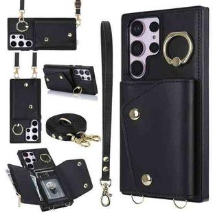 For Samsung Galaxy S23 Ultra 5G Zipper Card Bag Phone Case with Dual Lanyard(Black)