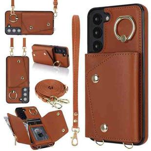 For Samsung Galaxy S22+ 5G Zipper Card Bag Phone Case with Dual Lanyard(Brown)
