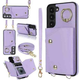 For Samsung Galaxy S22+ 5G Zipper Card Bag Phone Case with Dual Lanyard(Purple)