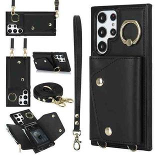 For Samsung Galaxy S22 Ultra 5G Zipper Card Bag Phone Case with Dual Lanyard(Black)