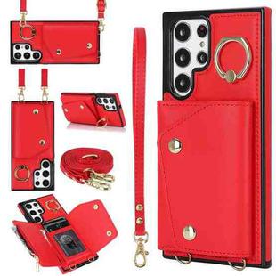 For Samsung Galaxy S22 Ultra 5G Zipper Card Bag Phone Case with Dual Lanyard(Red)