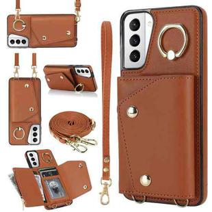 For Samsung Galaxy S21 5G Zipper Card Bag Phone Case with Dual Lanyard(Brown)