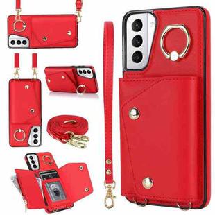 For Samsung Galaxy S21 5G Zipper Card Bag Phone Case with Dual Lanyard(Red)