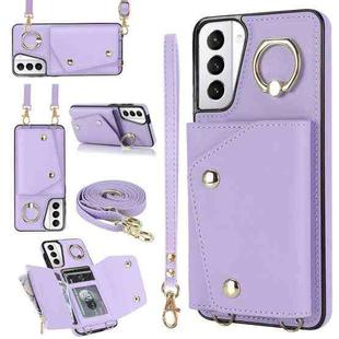 For Samsung Galaxy S21 5G Zipper Card Bag Phone Case with Dual Lanyard(Purple)