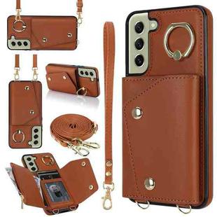 For Samsung Galaxy S21 FE 5G Zipper Card Bag Phone Case with Dual Lanyard(Brown)