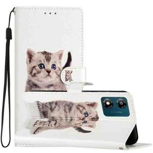 For Motorola Moto E13 Colored Drawing Leather Phone Case(Little Tabby Cat)