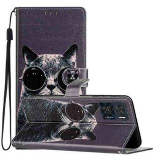 For Motorola Moto E22 Colored Drawing Leather Phone Case(Sunglasses Cat)