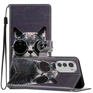 For Motorola Moto E32 Colored Drawing Leather Phone Case(Sunglasses Cat)