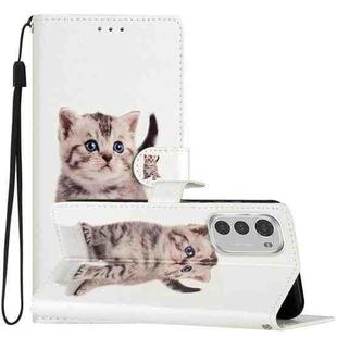 For Motorola Moto E32 Colored Drawing Leather Phone Case(Little Tabby Cat)