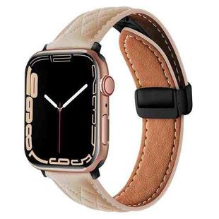 For Apple Watch SE 44mm Folding Buckle Rhombus Leather Watch Band(Apricot)