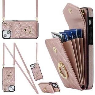 For iPhone 14 Plus Rhombic Texture Card Bag Phone Case with Long Lanyard(Rose Gold)
