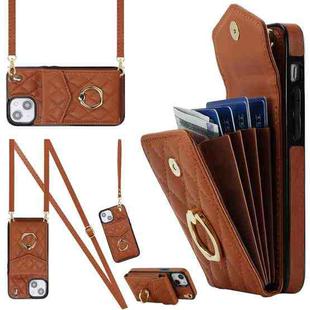 For iPhone 14 Plus Rhombic Texture Card Bag Phone Case with Long Lanyard(Brown)