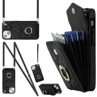 For iPhone 14 Rhombic Texture Card Bag Phone Case with Long Lanyard(Black)