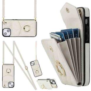 For iPhone 14 Rhombic Texture Card Bag Phone Case with Long Lanyard(White)