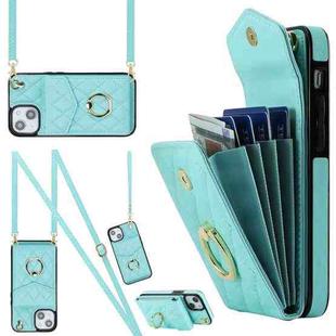 For iPhone 14 Rhombic Texture Card Bag Phone Case with Long Lanyard(Mint Green)